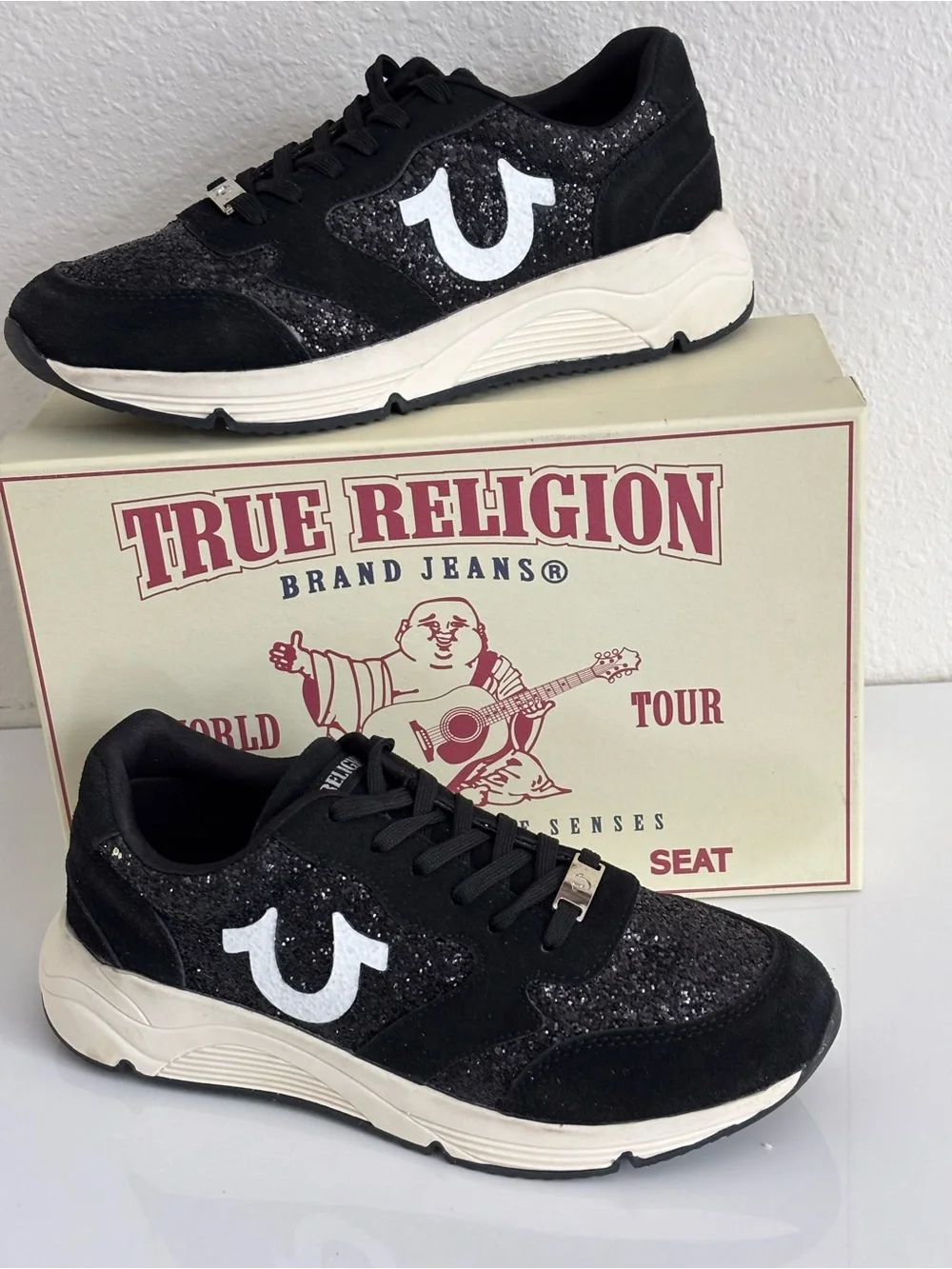 True Religion Black Glitter Logo Sneakers with White Emblem